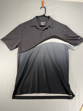 IZOD Shirt Mens Medium Black Gray Geometric PFX Cool-FX Short Sleeve Golf Polo